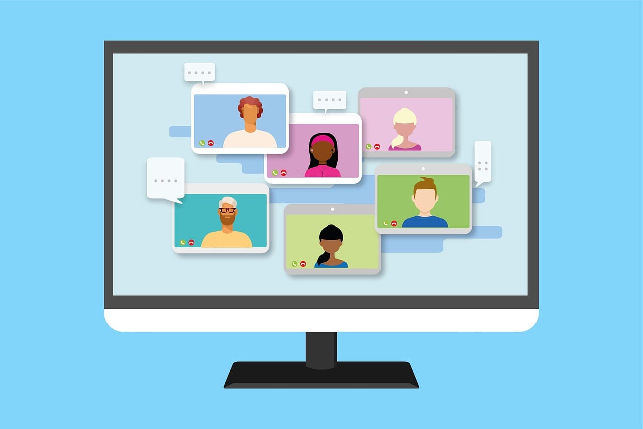 Graphic of a computer screen, featuring several people participating in a virtual meeting.